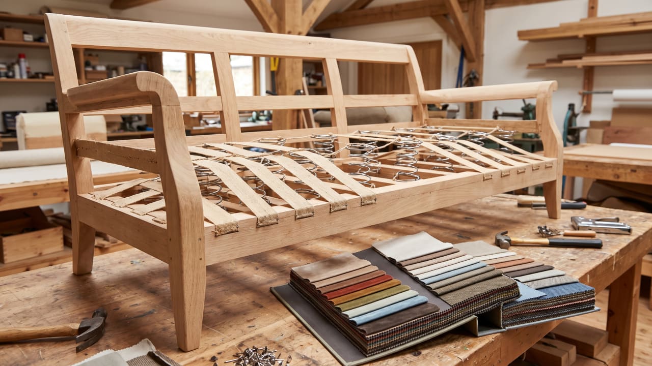 Sofa frame stripped to bare wood with new springs next to fabric swatch books at the workshop