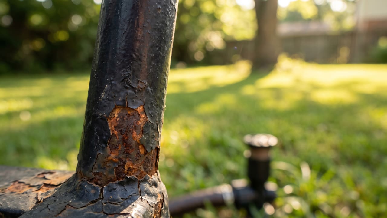 Rusted wrought iron patio chair leg with cracked paint near a sprinkler head in a Dallas backyard