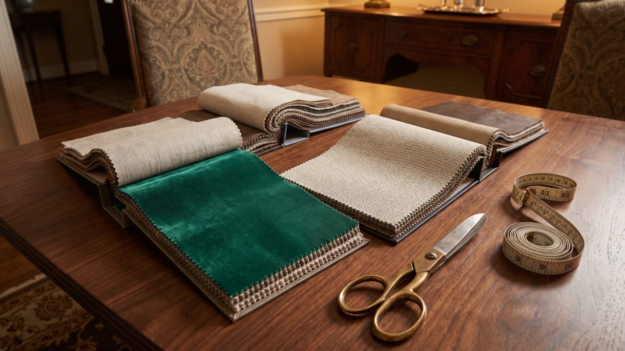 Fabric swatch books for reupholstery fanned out with velvet and performance fabric samples