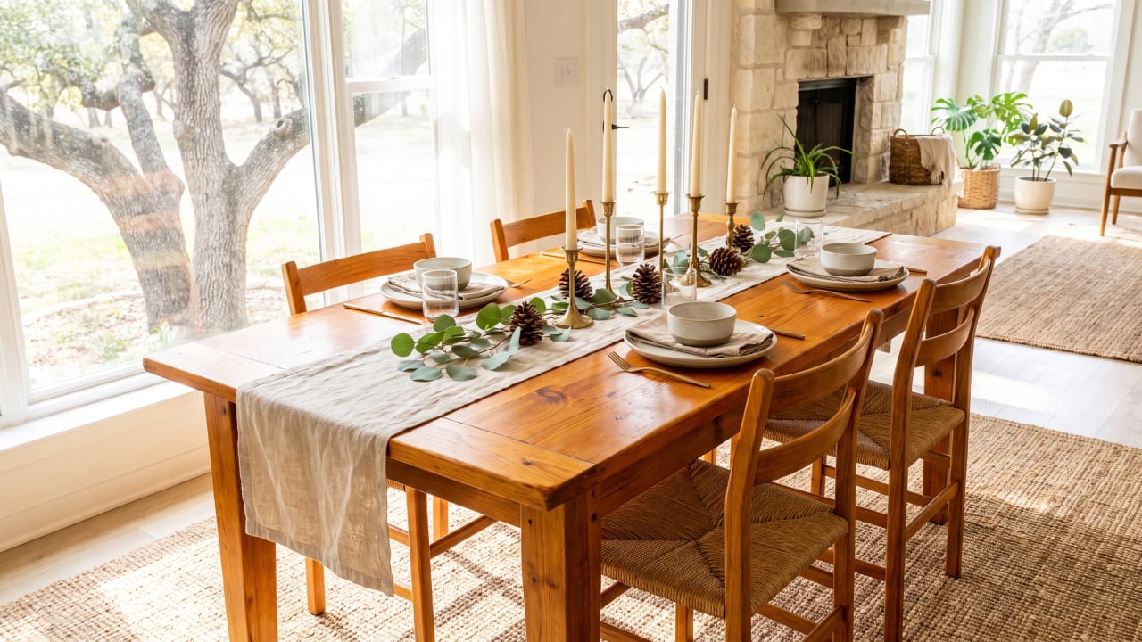 Refinished wood dining table set for a holiday dinner
