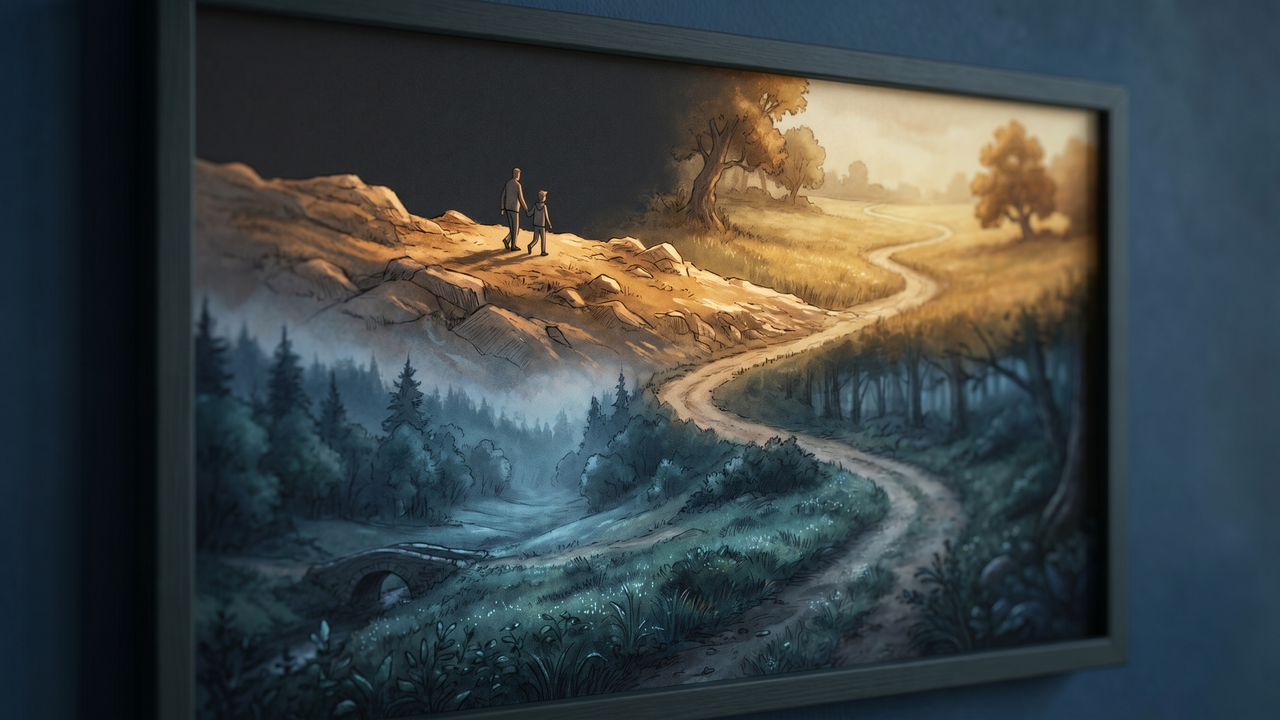 Illustration of a continuous path across three landscapes representing a physician's career and retirement stages