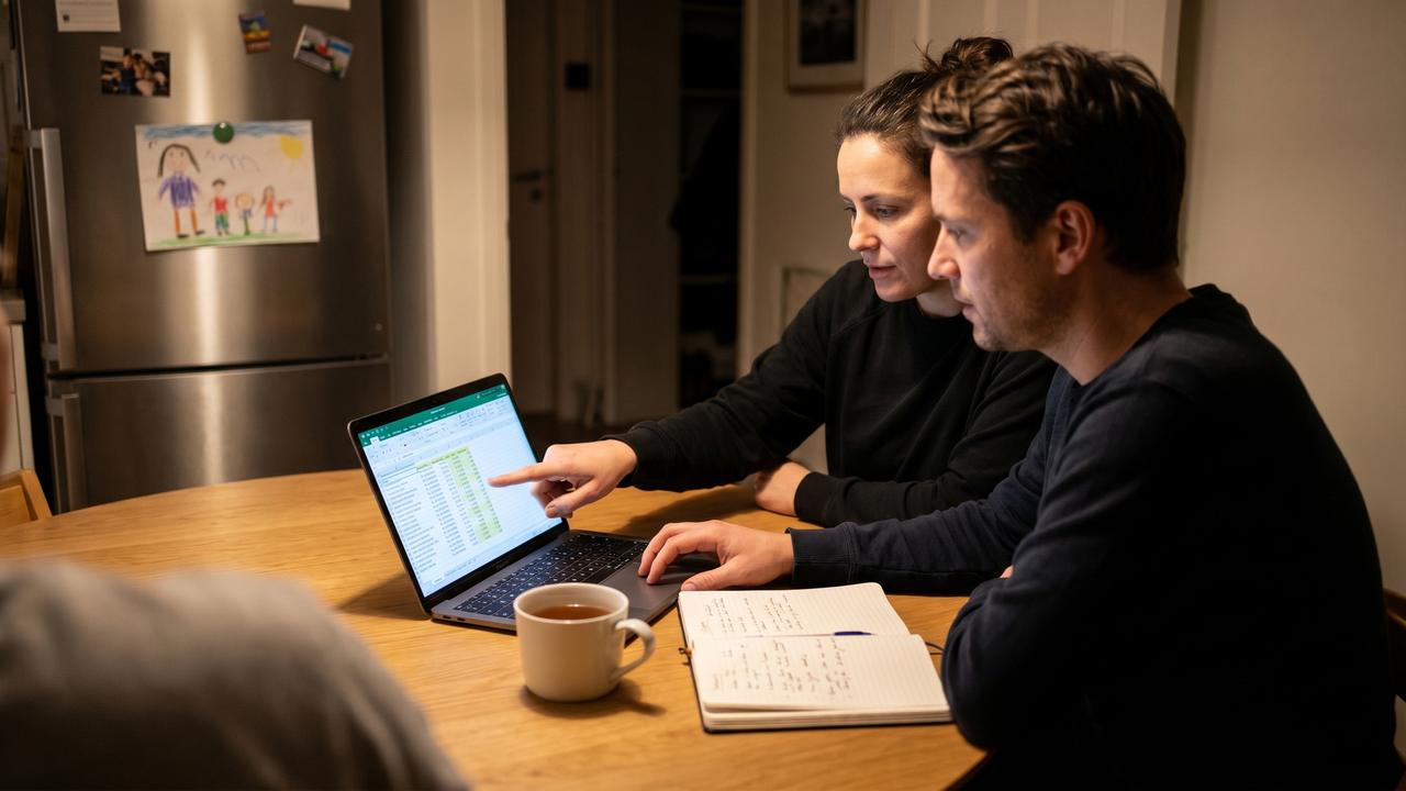 Two partners reviewing household accounts together at a lamp-lit dining table in the evening