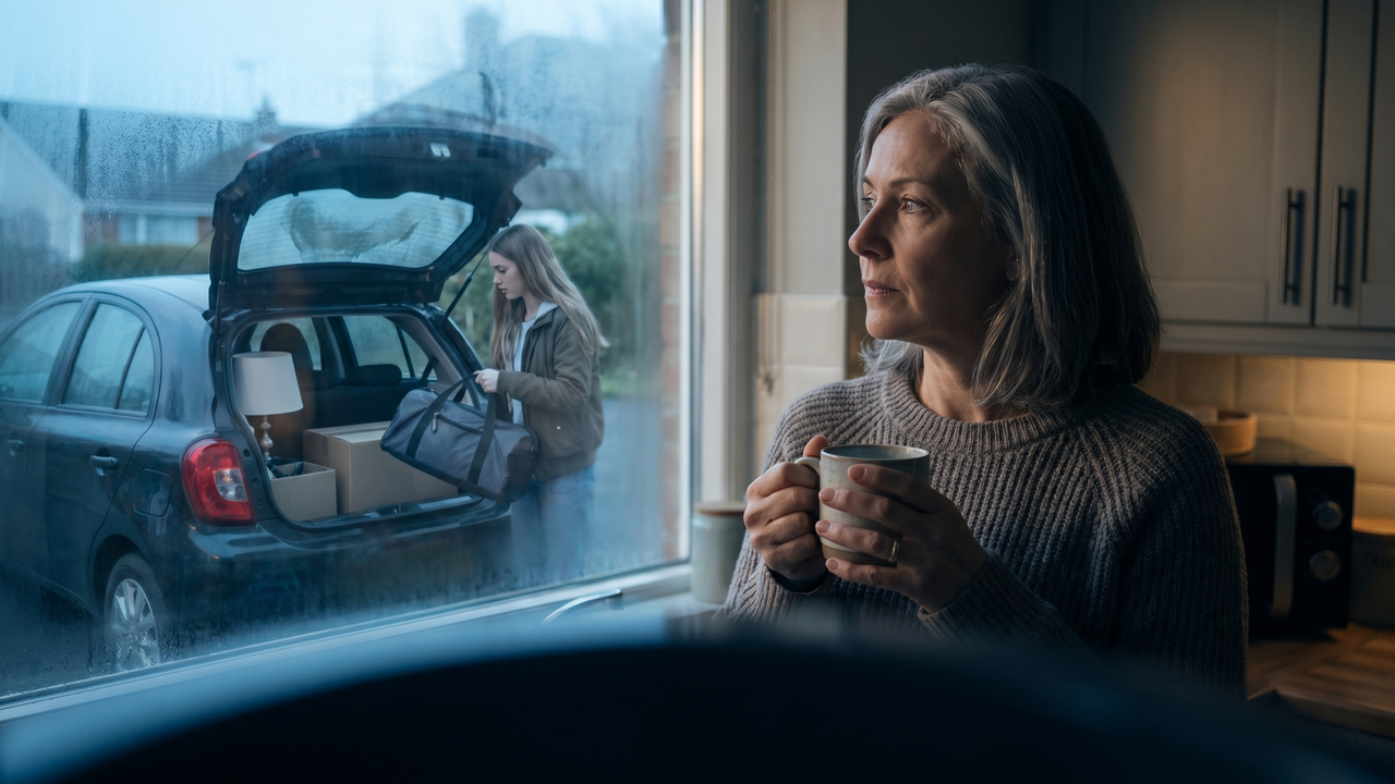 Physician parent watching teenage child pack a car for college from a kitchen window
