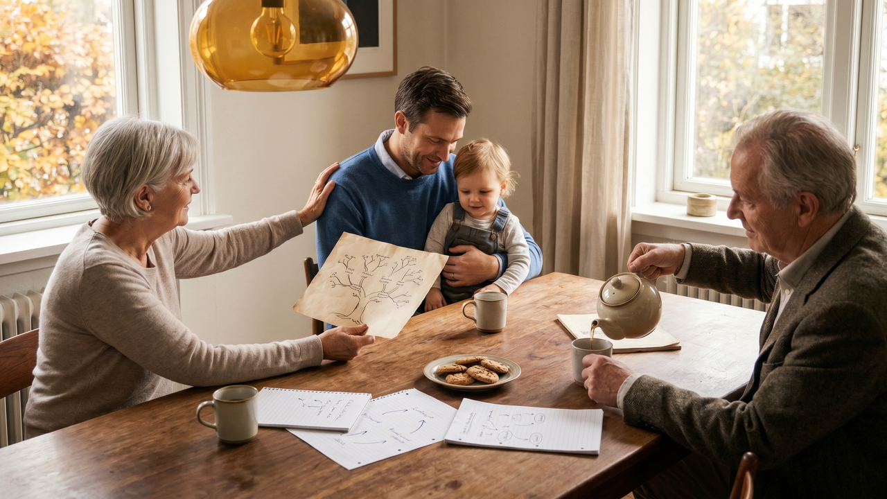 Three generations of a physician family gathered around a dining table coordinating a college savings plan