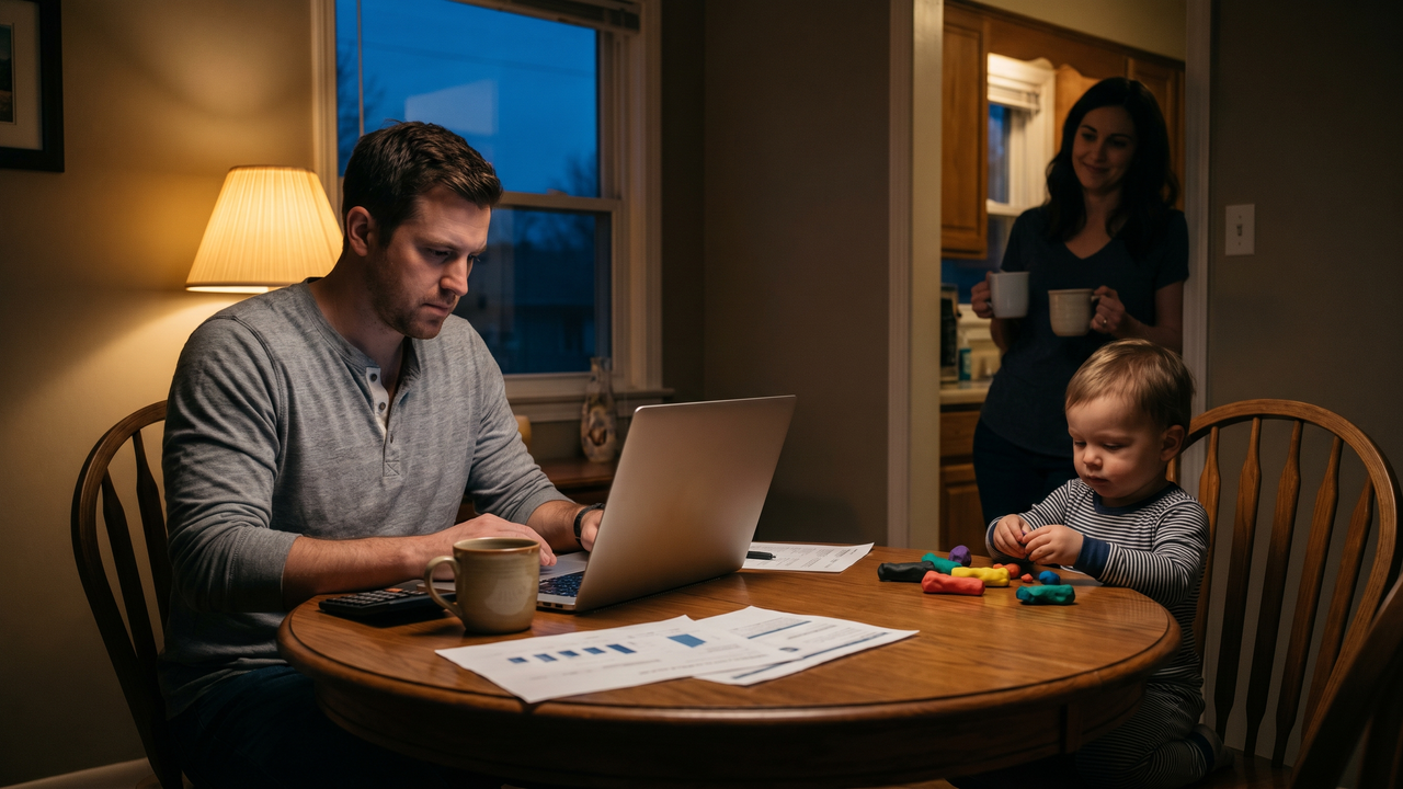 Physician at home dining table with laptop and calculator, partner and young child nearby, discussing business structure options together in warm evening light
