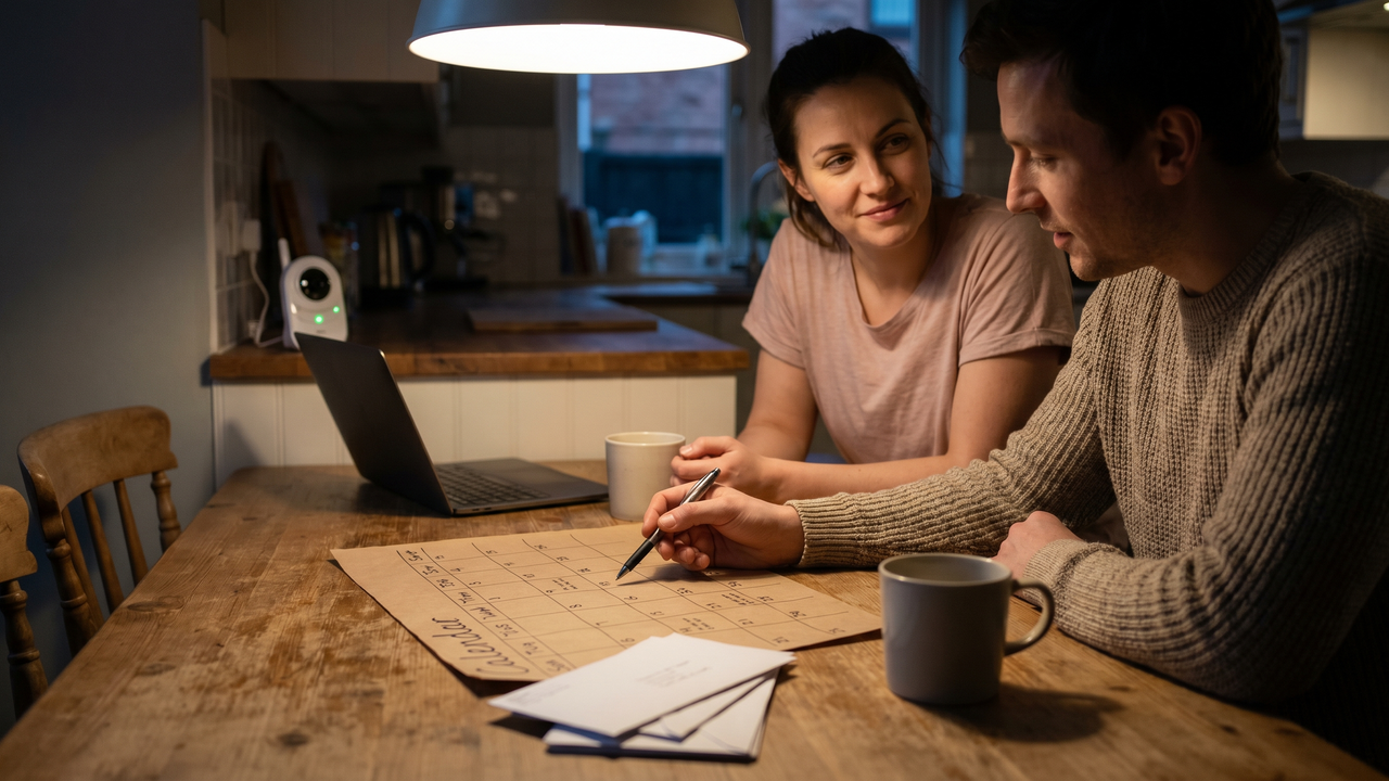 Couple at their kitchen table in the evening reviewing a monthly household calendar together