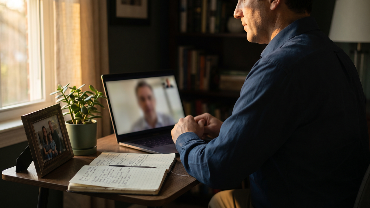 Physician on a video planning call at a tidy home office desk in late afternoon light