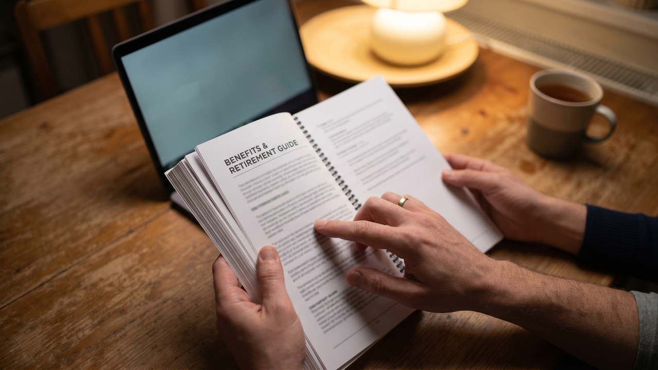 Physician reviewing a 401(k) Summary Plan Description booklet at home to check for after-tax contribution provisions
