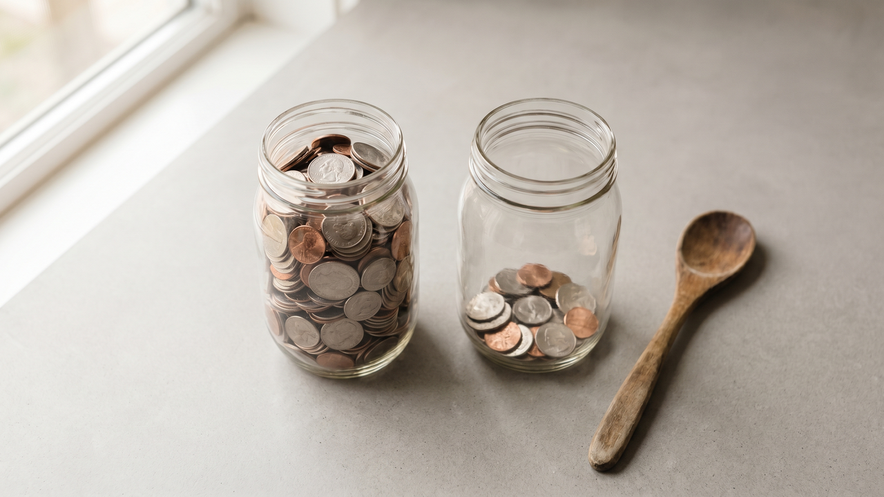 Two glass jars holding different amounts of coins, illustrating how a large SEP-IRA balance dilutes a small backdoor Roth contribution under the pro-rata rule