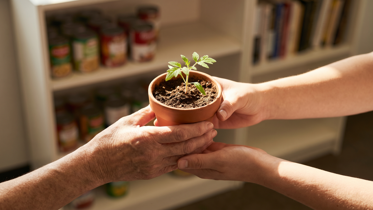 Two hands passing a small seedling, representing sustained charitable giving over time