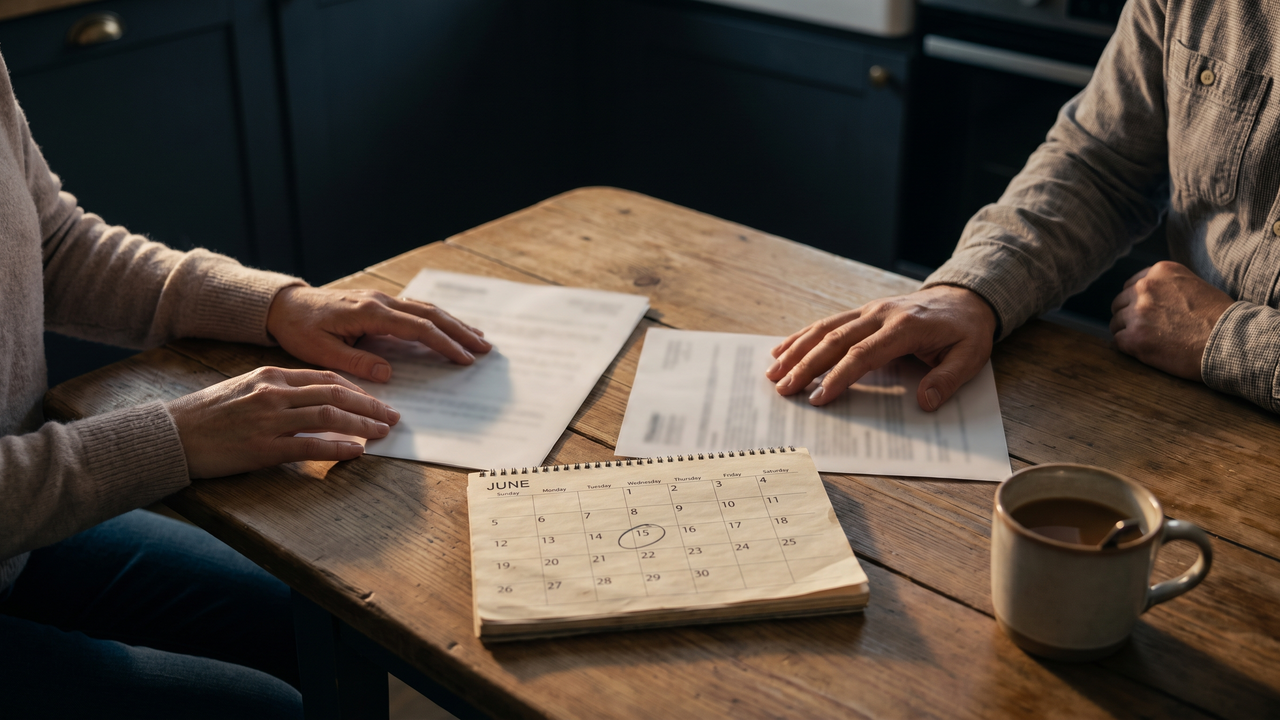 Physician couple comparing two attending job offers at a kitchen table with a calendar marking their move date