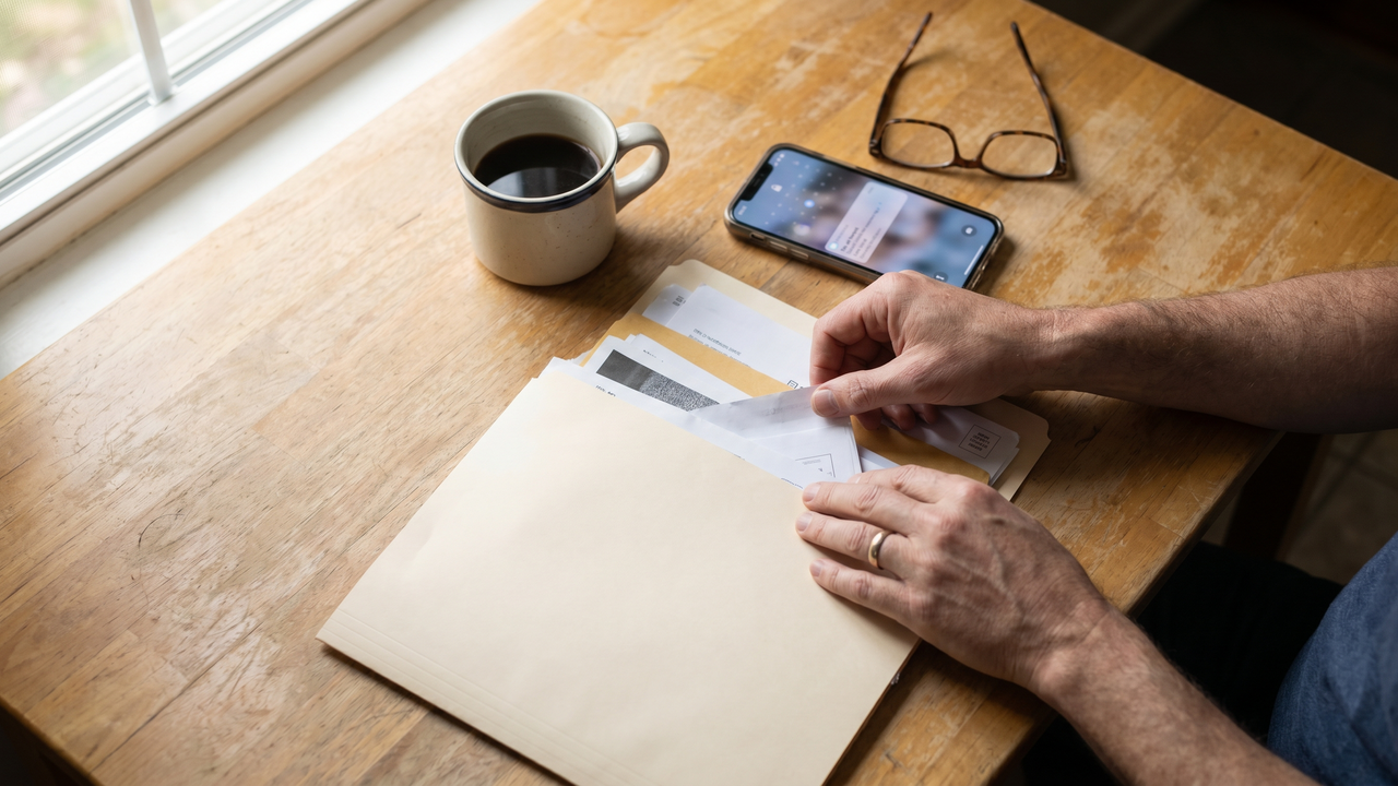 A physician organizing employment certification paperwork at a kitchen table with a calendar reminder set on a phone nearby