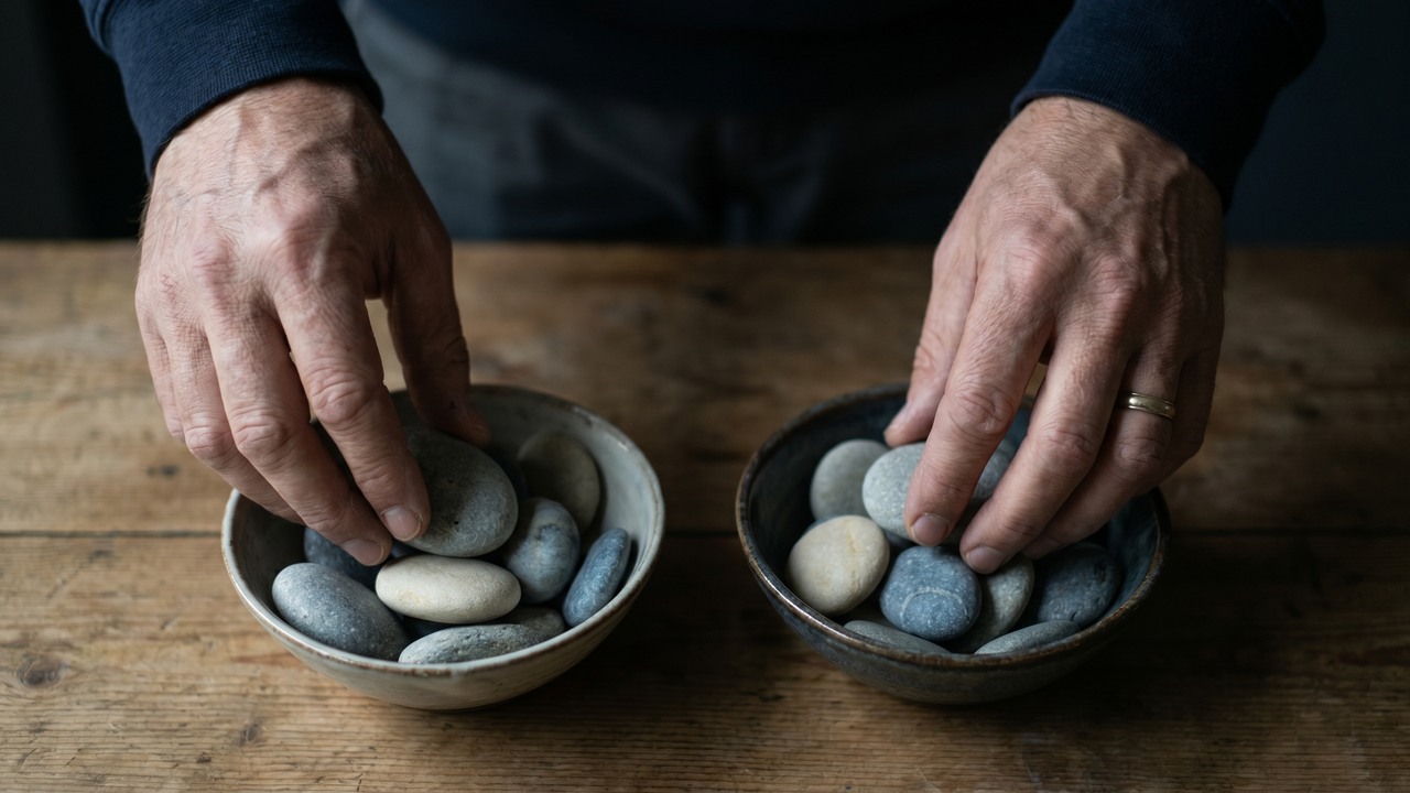 Two hands balancing smooth stones between two bowls, a calm metaphor for rebalancing a stock and bond mix.