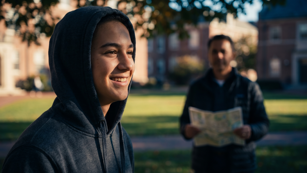 A prospective student and parent visiting a college campus on a sunny day, representing the search for schools that offer merit aid.