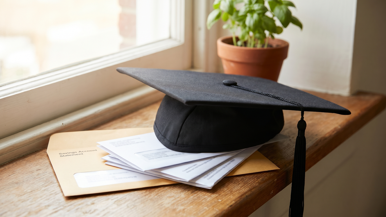 A graduation cap resting on household mail by a sunlit window, suggesting the transition from college to early adulthood