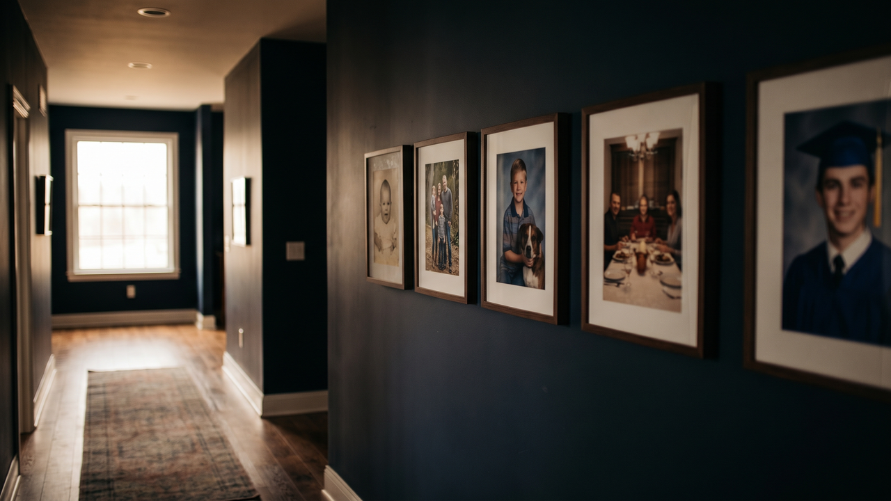A home hallway lined with family photos spanning many years, representing how a physician family's life insurance needs change across the career arc.