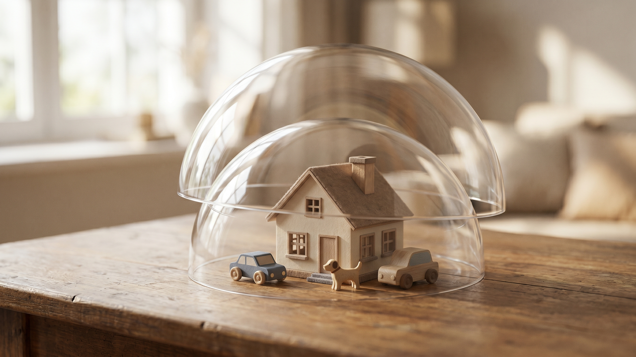Illustration of an umbrella liability layer stacking on top of base auto and home coverage protecting a physician household