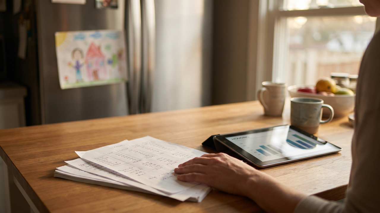A physician household reviewing a home budget at the kitchen table, weighing housing costs against the rest of their financial plan
