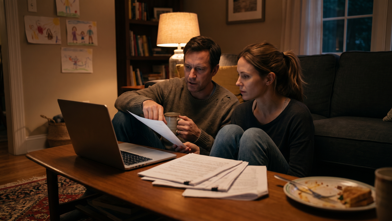 A physician and their spouse review hospital retirement plan paperwork on a laptop and coffee table at home in the evening