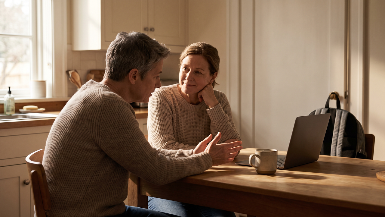 Physician couple in their fifties talking together at their kitchen table in morning light