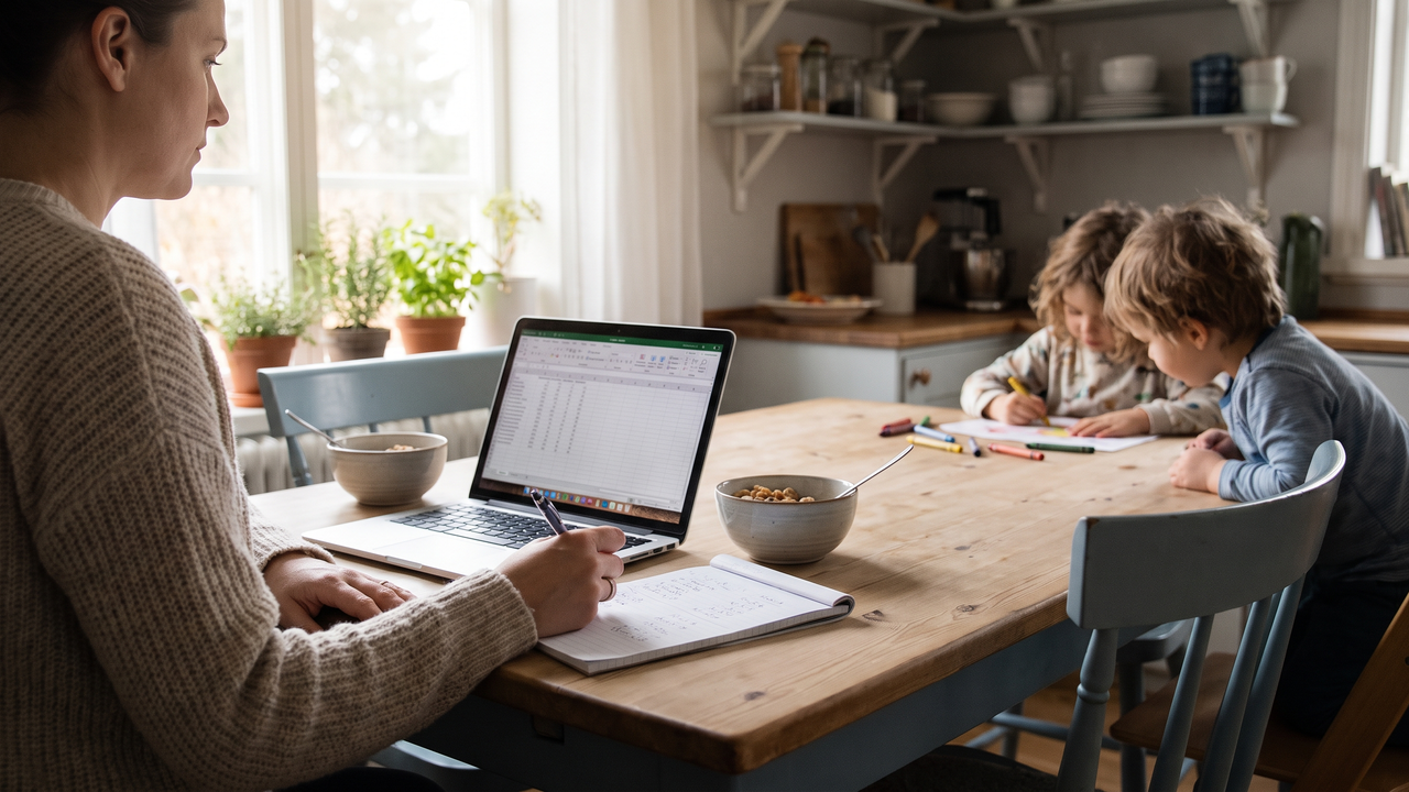 A parent works through student loan and tax figures at the kitchen table while their two young children play nearby on a weekend morning.