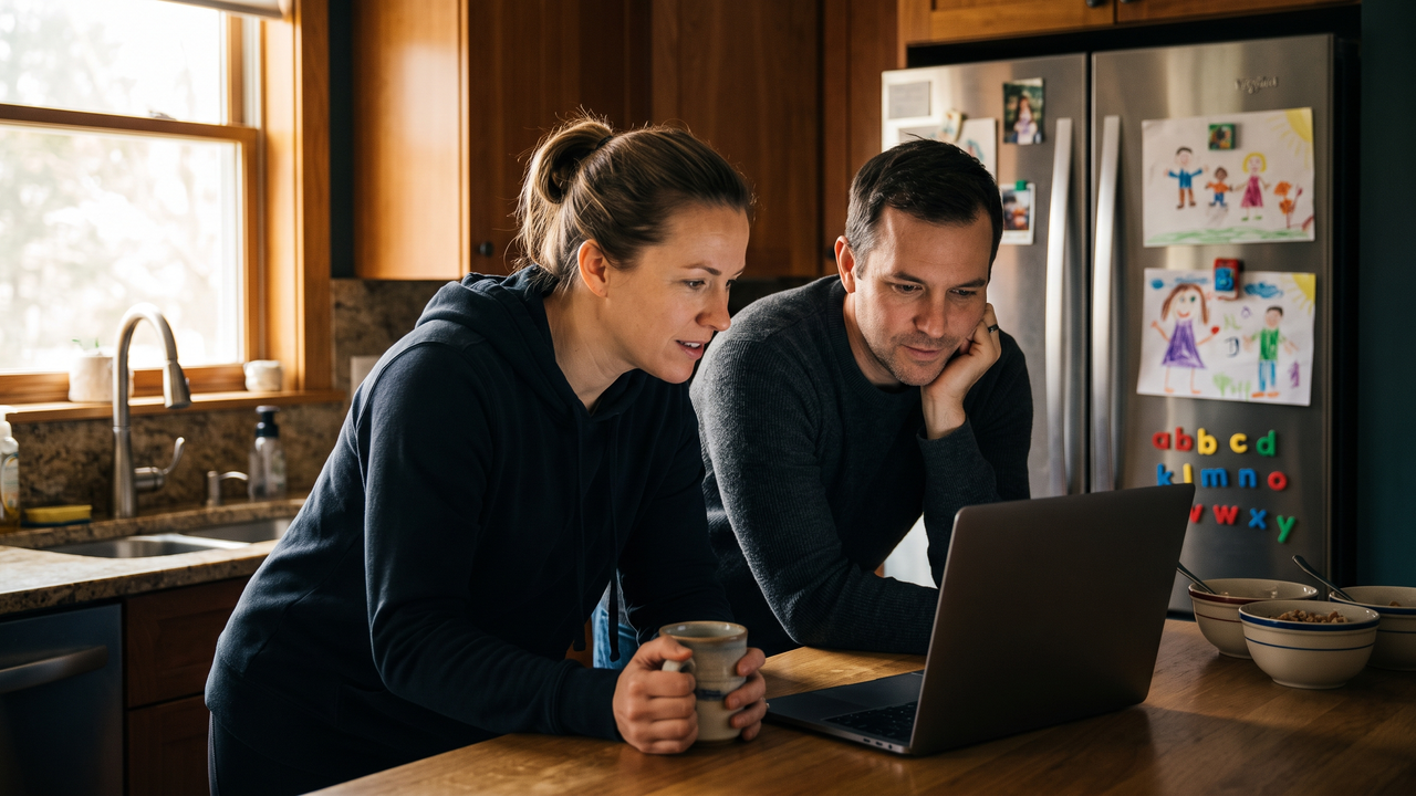 A physician and their spouse review a job offer together at their kitchen counter on a weekend morning
