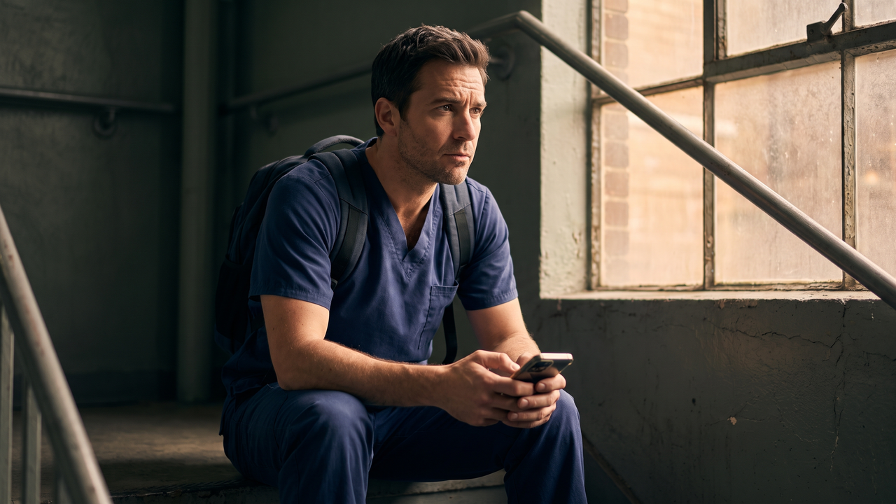 Physician in scrubs pausing on a hospital stairwell landing, thinking through a financial decision