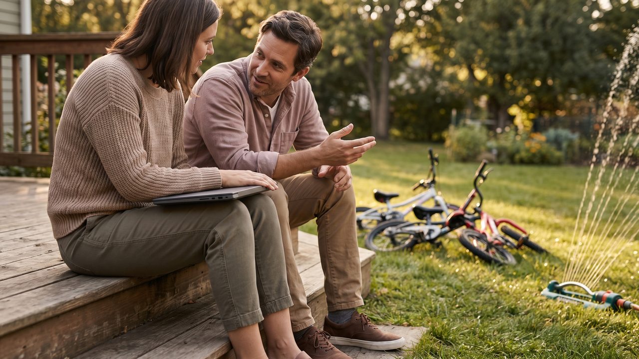 Two parents talking on their back porch steps in late afternoon light, a closed laptop on one lap and their children&rsquo;s bikes lying in the grass behind them.