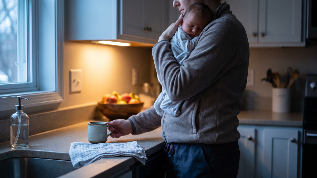 A physician parent holding a sleeping newborn in a dim kitchen before dawn