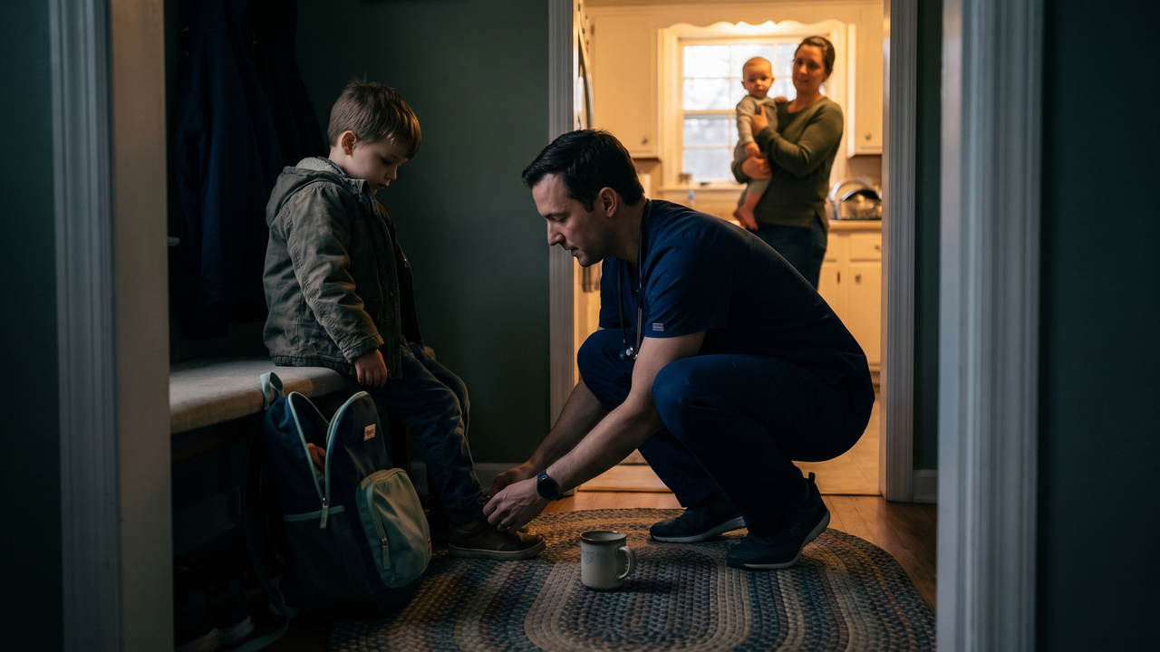 Physician in scrubs kneeling in a home entryway tying a young child’s shoe before an early shift while a partner holds a baby in the kitchen doorway