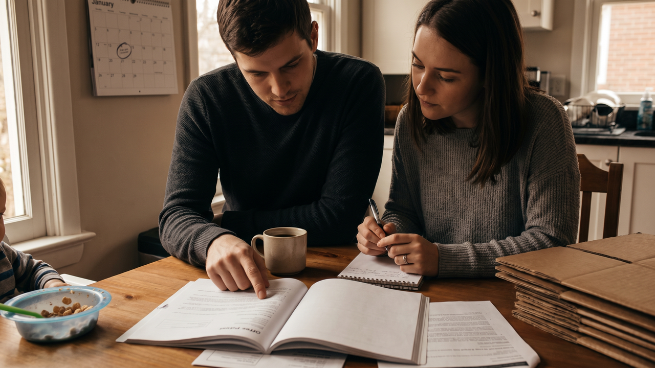 A physician and their spouse compare two printed job offers at their kitchen table with a calendar and moving boxes nearby