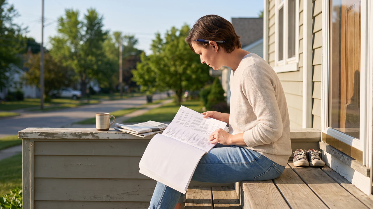 A physician reading a life insurance policy document on a sunny front porch with a coffee mug on the rail