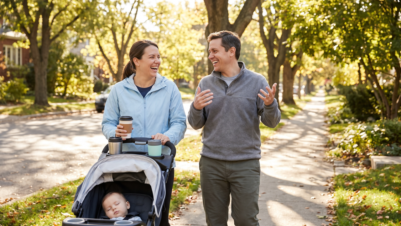 A physician couple laughing on a bright Saturday morning walk with a stroller on a tree-lined sidewalk