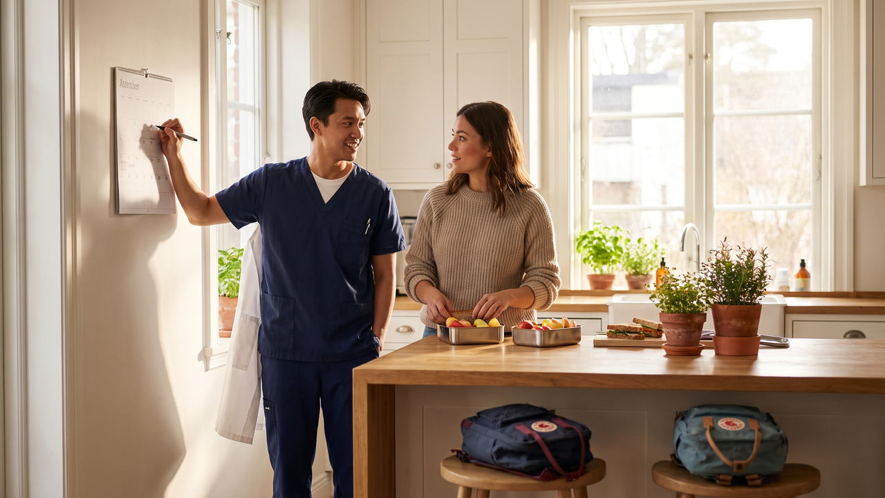 A physician marking a calendar at a sunlit kitchen island while their partner packs school lunches