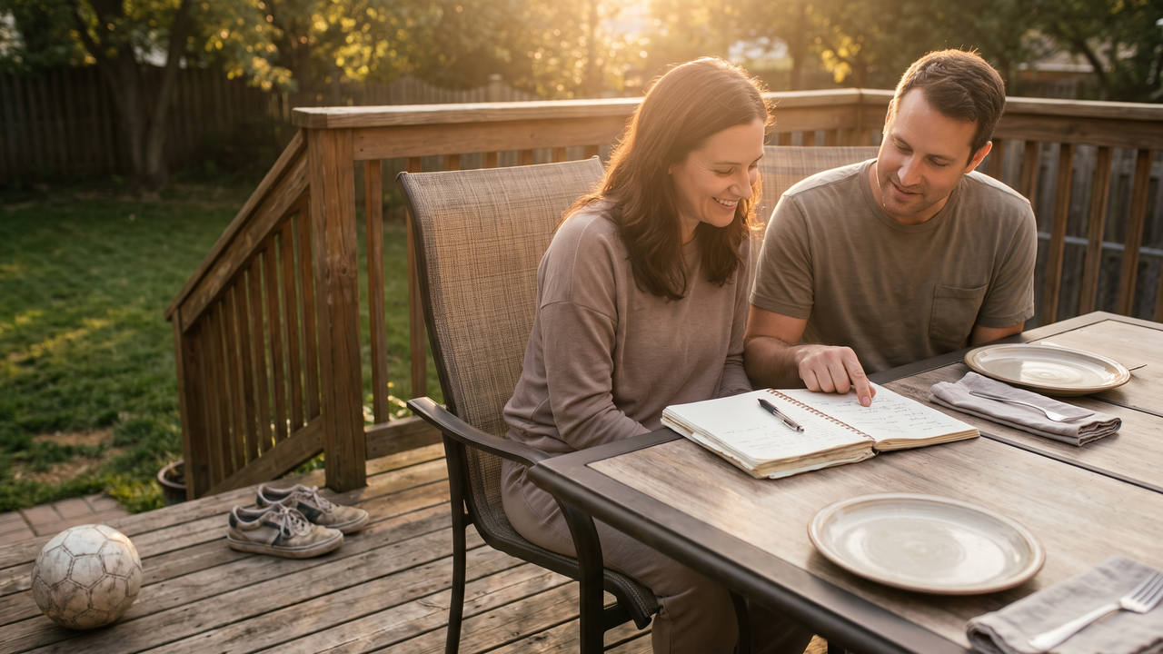 A couple planning together at a back-deck table in golden evening light after dinner