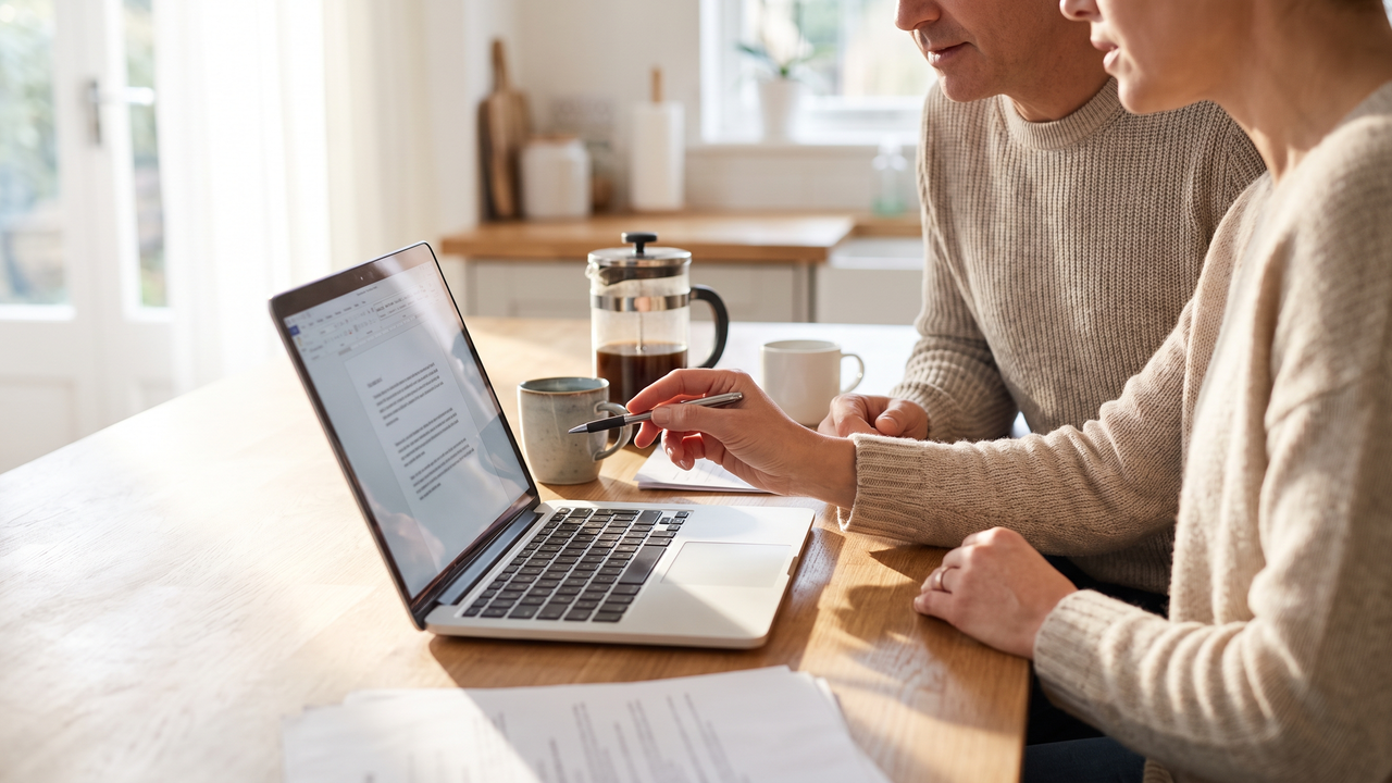 Two adults reviewing a contract on a laptop at a sunny Sunday-morning kitchen table