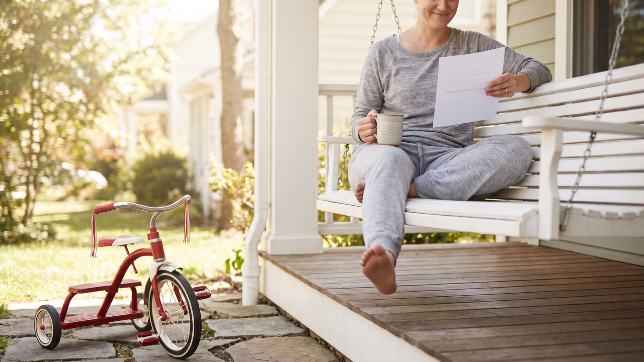 A parent on a front porch swing with coffee and an account statement on a bright morning