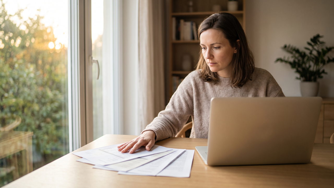 A physician at a home desk in afternoon light comparing paper statements from several old retirement plans beside a laptop.