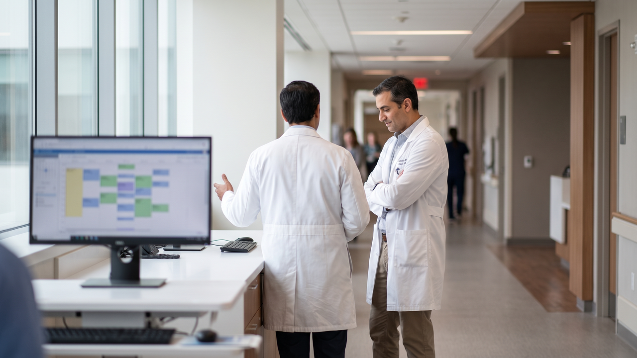 Two physicians reviewing a block schedule together at a hospital workstation in mid-morning daylight