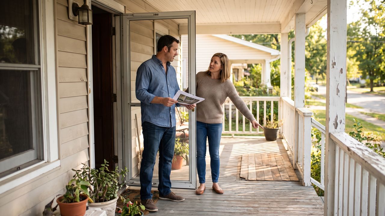 Two adults on the porch of a small rental house talking through repairs and costs