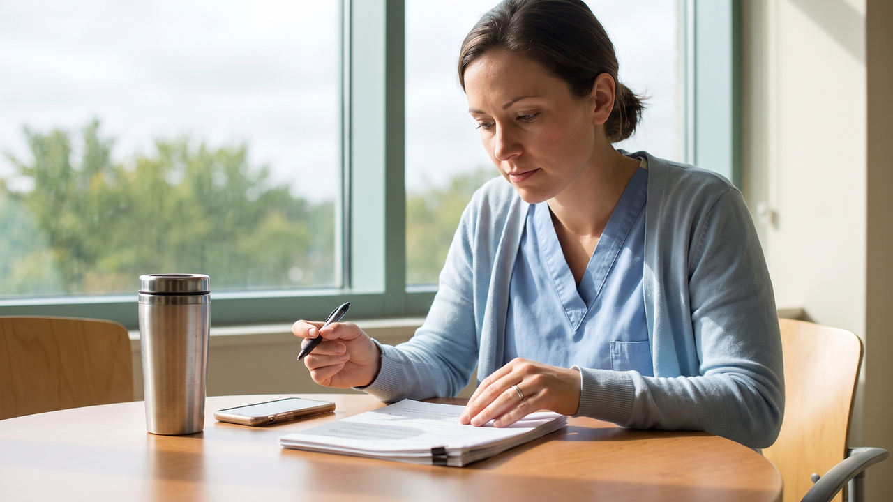 A physician reading an employment benefits packet at a sunlit break room table