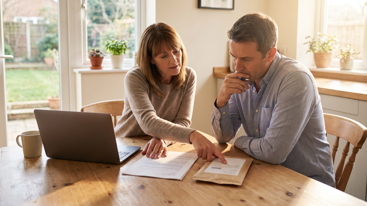 Two adults at a sunlit dining table comparing two disability policy documents side by side