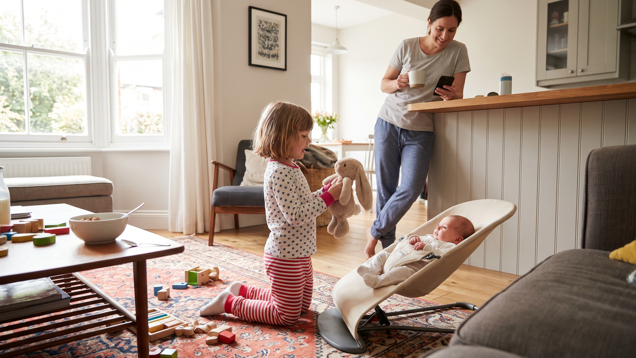 An older sibling showing a stuffed animal to a newborn in a bouncer seat while a parent watches from the kitchen