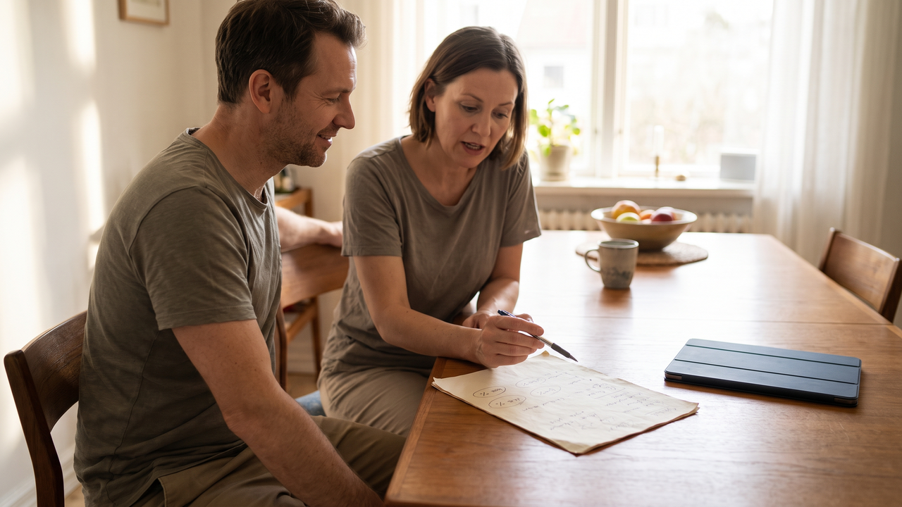 A physician couple at a dining table talking through a handwritten savings plan in afternoon daylight