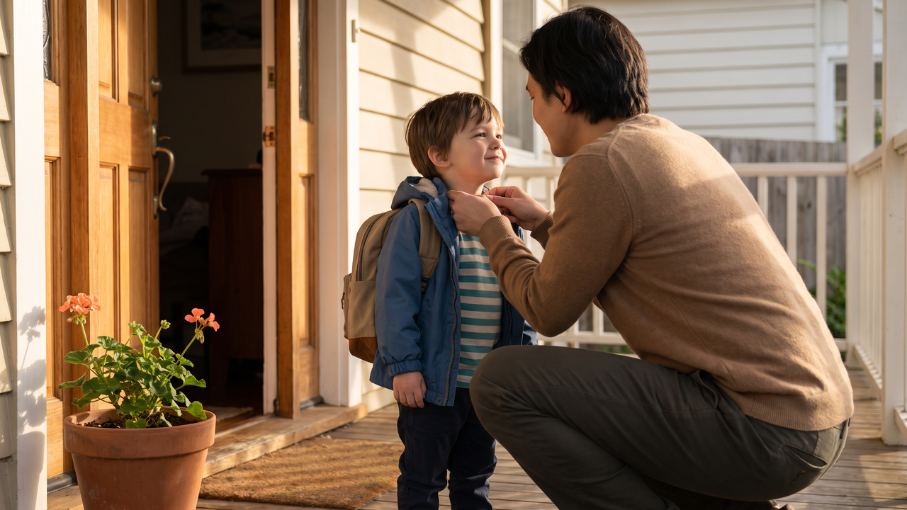 A parent crouches beside a child wearing a backpack on the front step of their home on the first morning of school.