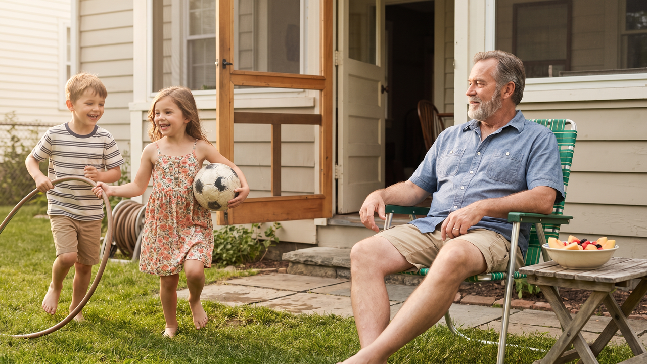 A grandfather watching from a lawn chair while two grandchildren play in a sunny backyard on a summer afternoon