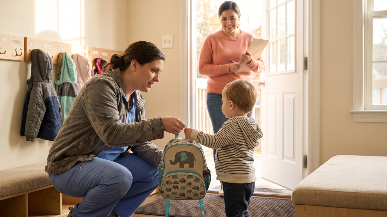 A parent handing a backpack to a toddler at a preschool door during morning drop-off