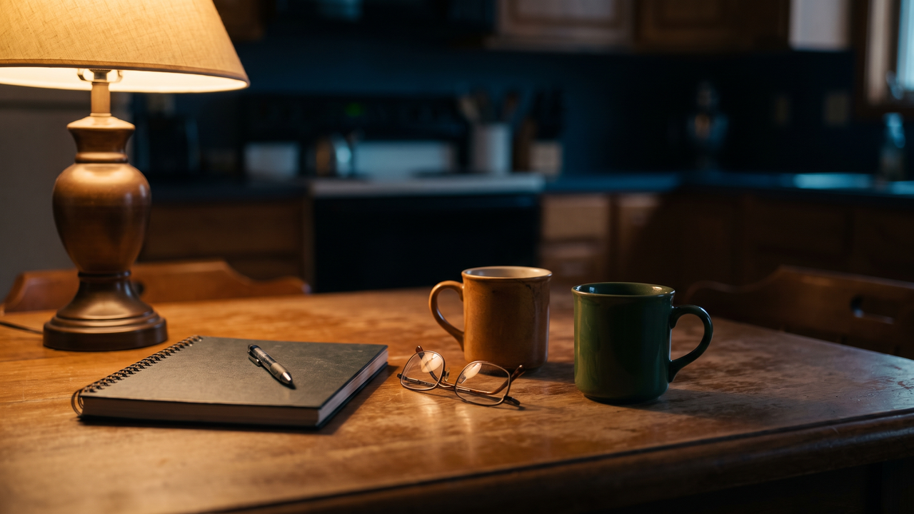 Two mugs, a closed notebook, and reading glasses on a lamp-lit kitchen table after an evening money conversation
