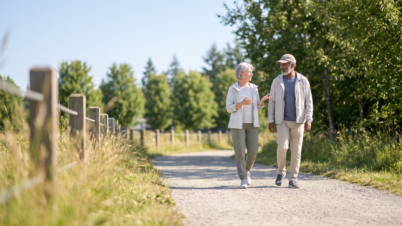 A couple in their late fifties walking a neighborhood trail in bright morning light, talking through a decision together