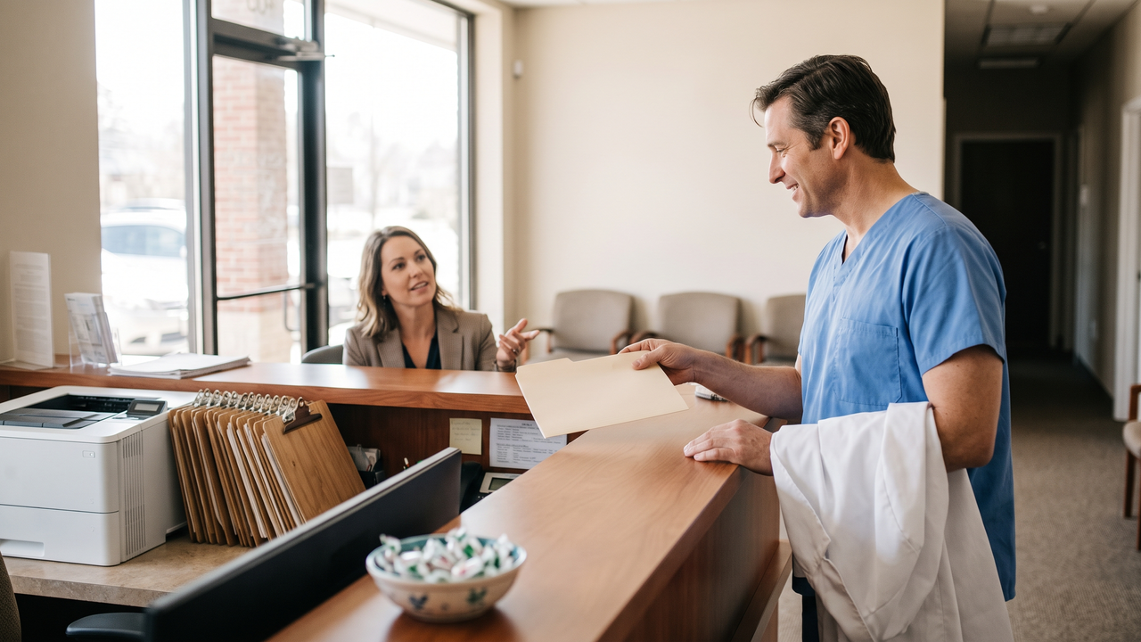 A physician hands a folder to the practice manager at the front desk of a small medical office.